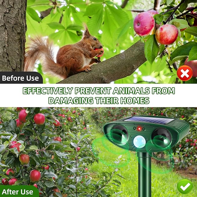 2 Pack 2025 Ultrasonic Solar Animal Repellent Outdoor,Squirrel Fortress Pro Deer Repellent Devices Motion Detection, Waterproof Cat Mouse Raccoon Dog Rabbit Deterrent for Garden Yard