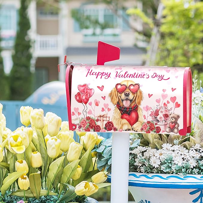 Happy Valentine Mailbox Covers Magnetic Standard Size 21"x18" Golden Retriever Dog Love Heart Decorative Mail Box Post Cover Rose Anniversary Pink Mail Box Post Cover for Home Outdoor Garden