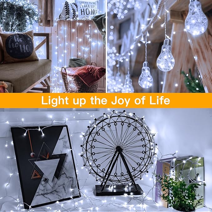 Ollny Christmas Lights Outdoor 200LED 60FT, Cool White Connectable Plug in Fairy Light Indoor, 8 Modes Waterproof Timer Plug in LED String Lights for House Outside Bedroom Patio Balcony