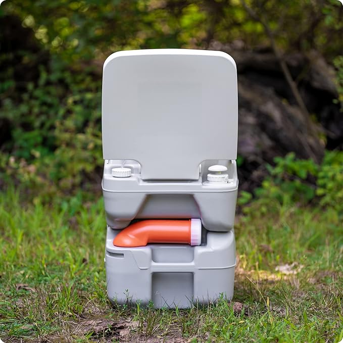 Alpcour Portable Toilet – Compact Indoor & Outdoor Commode w/Travel Bag for Camping, RV, Boat – Piston Pump Flush, 5.3 Gallon Waste Tank, Built-In Pour Spout & Washing Sprayer for Easy Cleaning
