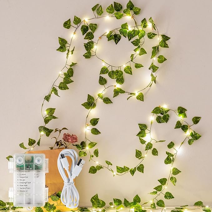 HEYFUNi Vines with Lights, 23 Ft 73 Led Faux Pothos Vines with Fairy Lights USB/Battery Operated, Leaf String Lights for Bedroom, Wall, Balcony, Wedding Decor, Warm White