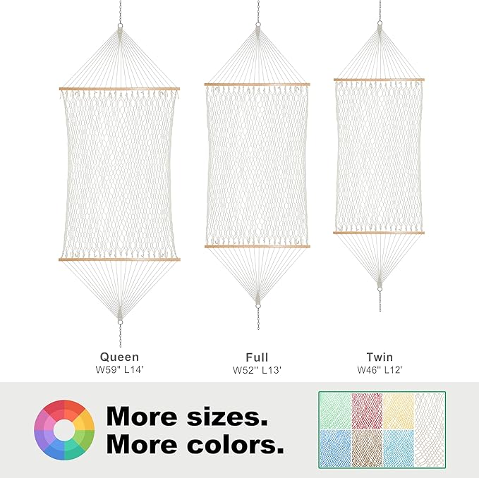 12ft Double Hammocks, Handwoven Traditional Cotton Rope Hammock with Hardwood Spreader Bar, Chains and Hooks for Indoor Outdoor, Max 450 lbs Capacity (Cherry, Full)