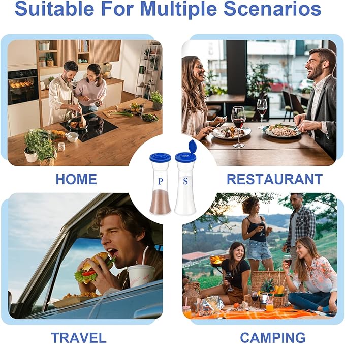 Set of 2 Clear Salt and Pepper Shakers, Plastic Spice Jars with Colorful Lids, Leakproof Moisture-Proof for Home Kitchen Restaurant, Camping, Travel, Picnic (Blue)