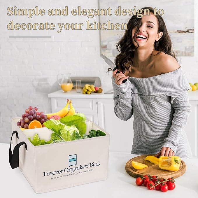 Freezer Organizer Bins, Collapsible Deep Freezer Organizer Bins for 15"x14"x9", freezer Storage Bins with Removable Dividers, Handles (Light Grey, 1 Pack)