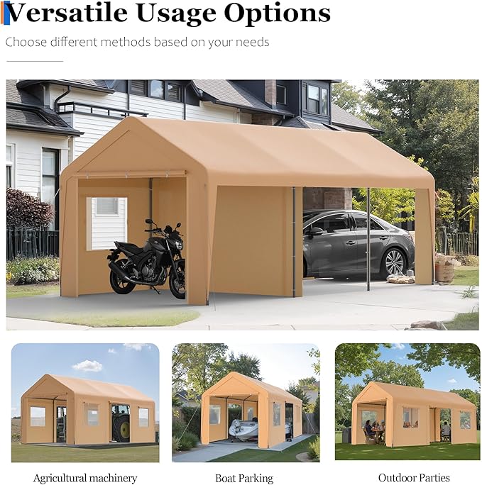 Carport, 13‘ x 20’ Heavy Duty Portable Garage All-Season Car Canopy w/Removable Sidewall & Doors, Carport Canopy Party Tent w/Water-Resistant Tarp for Backyard (Yellow)