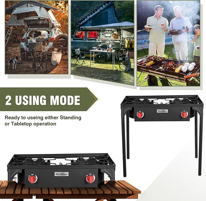 BESTFIRE 2 Burner Camping Stove,150,000 BTU High Pressure Outdoor Propane,4ft 20 PSI Adjustable Regulator Hose With Removable Legs for Backyard Cooking Camping Home