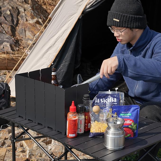 REDCAMP 9.5" High Folding Outdoor Stove Windscreen, 10 Plates Aluminum Camping Stove Windshield with Carrying bag, Lightweight Butane Burner Windshield, Black