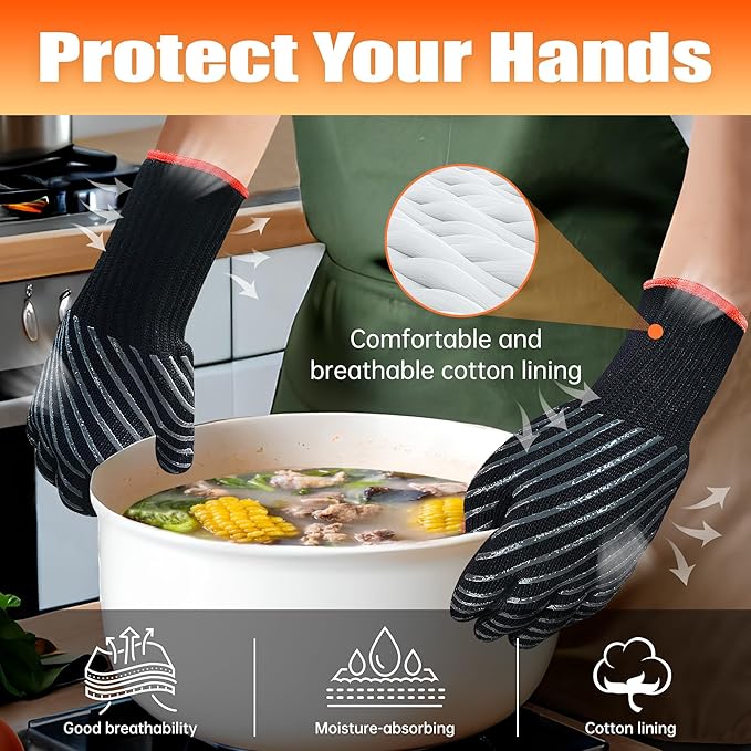 HandLove BBQ Gloves, Oven Gloves with Fingers –1472℉ Heat Resistant Gloves for Grilling | Aramid Retardant Non-Slip Grip, Long Cuff Mitts, Black,M