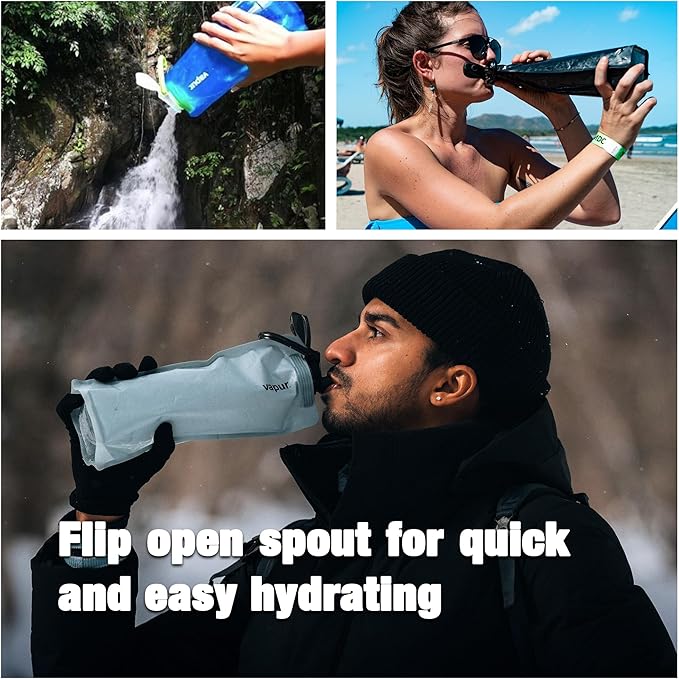 Vapur Collapsible Water Bottle With Carabiner, Compact Bottle Folds Flat For Hydration On The Go, Ideal for Traveling, Hiking or Camping, 34 Ounce, Blackout, Pack of 2