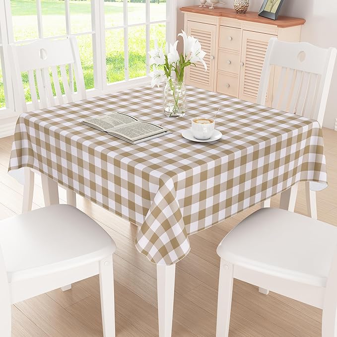 misaya Square Waterproof Vinyl Table Cloth, Buffalo Flannel Backed Tablecloth, Wipeable Plastic Table Cover for Dinner, Kitchen, Outdoor (60" x 60", Khaki and White)