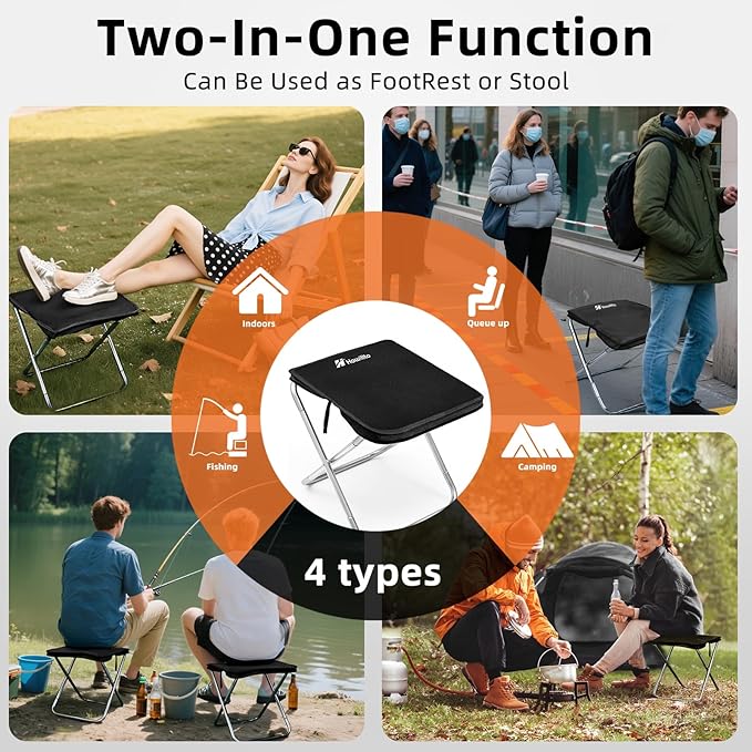 Camping Stool, 16in Tall Portable Folding Stool with Carry Bag, Upgraded Ultralight Chair with Roomy Seat for Adults, Holds 280lbs, Ideal for Hiking, Fishing, Outdoor Use, Black