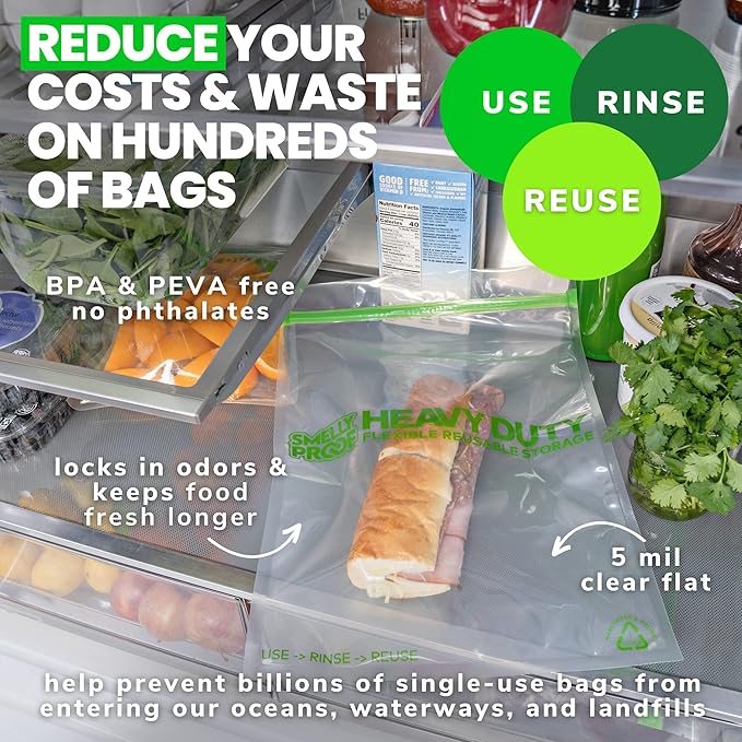 50 PACK, Heavy Duty 5mil Thick REUSABLE Food Freezer STORAGE BAGS by Smelly Proof, Extra X-Large, US-Made, Non-Silicon, No PEVA, BPA FREE, Dishwasher-Safe, Triple Zip, XXL 2-Gallon 12" x 16" - 50 pcs