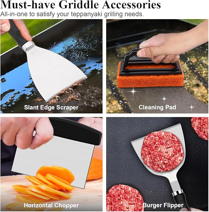 27pcs Griddle Accessories Kit for Blackstone, Professional Hibachi Flat Top Grill Tools, Enlarged Spatula Gift Set with Basting Cover,Burger Press Patty Maker for Outdoor BBQ Teppanyaki