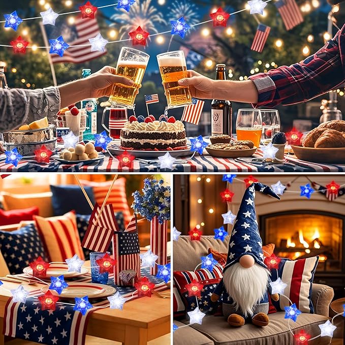 4th of July Decorations String Lights 2Pack, 16FT 50LED Red White Blue Stars Patriotic String Lights with Remote, USB & Battery Powered Fairy Light for Patriotic Memorial Day Independence Day Decor