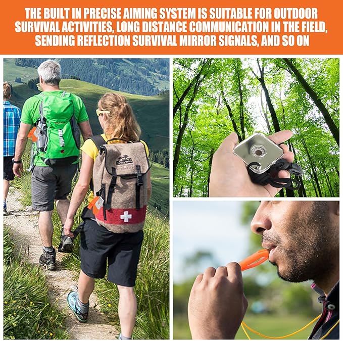 Outdoor Rescue Signal Mirror Floating Whistle Combo Survival Kit Flash Signaling Mirror Emergency Whistle Orange Float for Backpacking Camping Hiking Activities
