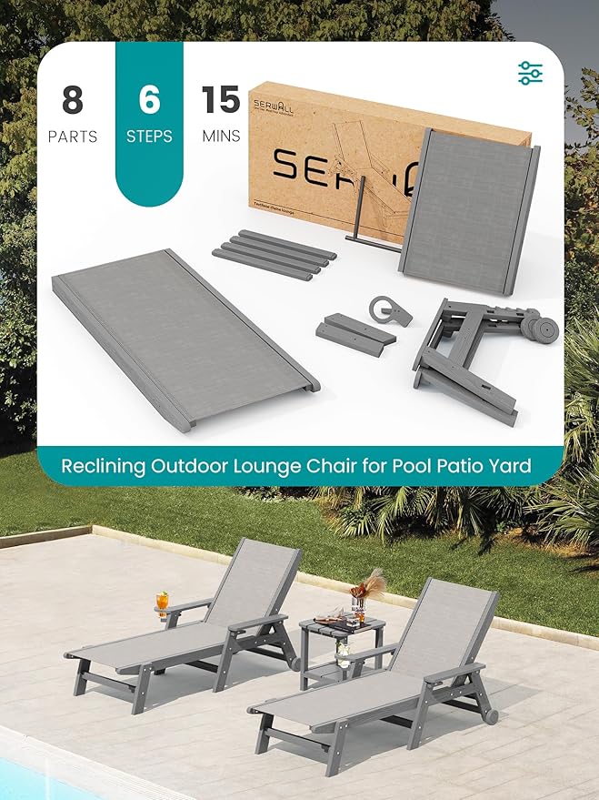 SERWALL Patio Chaise with 5 Positions - Textilene Outdoor Lounge Chair, Rolling Wheels - Poolside, Deck, Grey