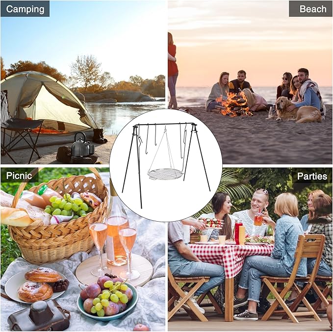 REDCAMP Swing Campfire Grill Stand - Collapsible Campfire Cooking Rack with 6 Hooks & Stainless Steel Grill Grate, Portable Dutch Oven Hanger for Outdoor Camping, Cookware, Bonfire, Round