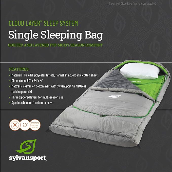 SylvanSport Cloud Layer Sleeping Bag for Adults - Adjustable Layers for 3-4 Season use - Integrated Cotton Sheet