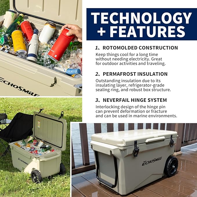 EchoSmile 25/30/35/40/60/75 Quart Rotomolded Cooler, Built to Stand up to The Rigors of The Journey