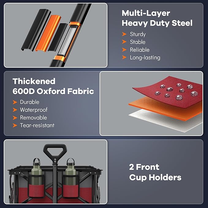 220L Collapsible Wagon Cart Foldable, 460LB Load Capacity Heavy Duty Folding Beach Wagons with Big All-Terrain Wheels, Utility Carts for Groceries, Shopping, Camping, Sports - Grey&Burgundy