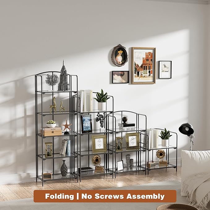 Crofy No Assembly Folding Bookshelf for Living Room, 4 Tier Black Collapsible Book Shelf for Home Office, Portable Bookcase Storage Organizer