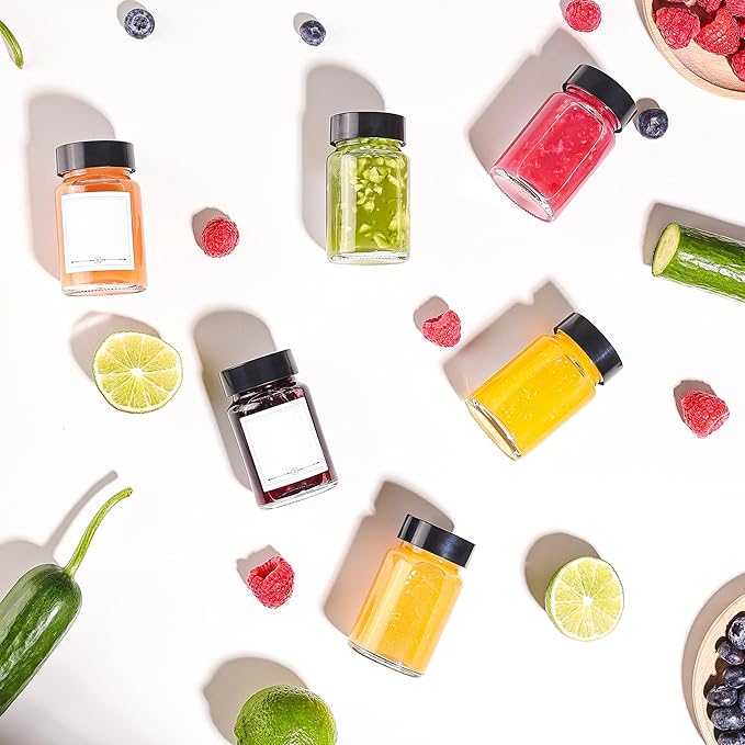 8 Pack 2 oz/60 ml Clear Glass Bottles with Black Caps & Labels, Small Glass Jar for Ginger, Wellness Shot, Juice, Sample, Leakproof Mini Travel Essential Bottles - Wide Mouth, Dishwasher Safe