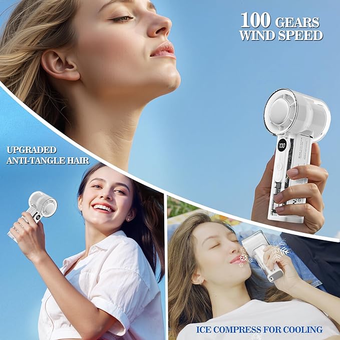 Portable Handheld Fan,Adjustable Speed(1-100),Rechargeable Personal Fan with Ice Cooler and LED Display,Portable Cooling fan for Travel/Camping/Outdoor (white)