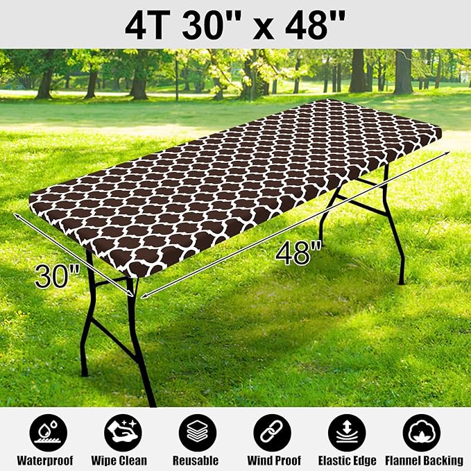 Smiry Rectangle Picnic Table Cover, Waterproof Elastic Fitted Camping Tablecloths for 4 Foot Tables, Wipeable Flannel Backed Vinyl Tablecloth Protector for Indoor, Outdoor (Coffee, 30x48 Inches)