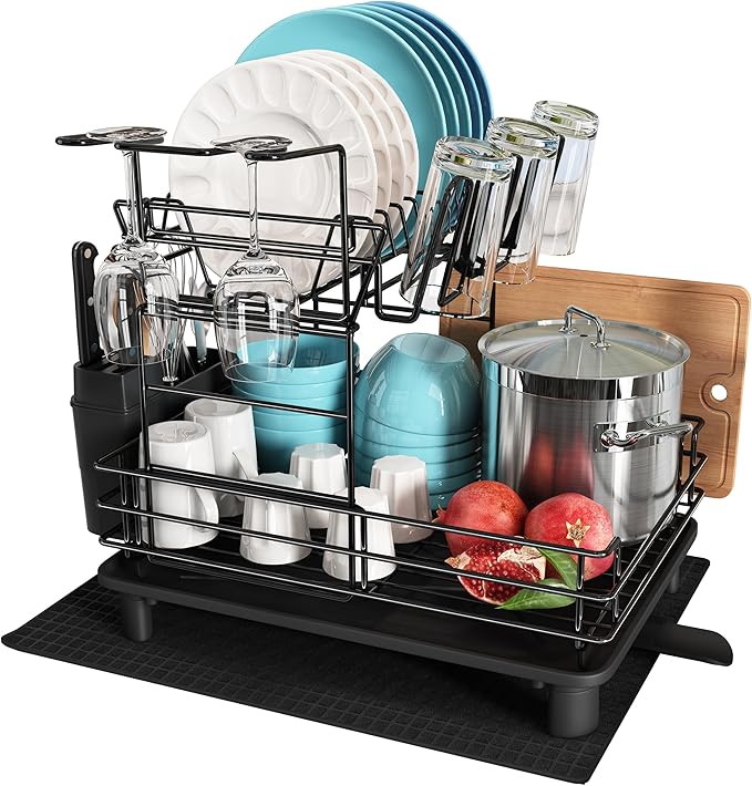 2 Tier Black Large Stainless Steel Dish Drainers Drying Rack for Kitchen Counter with Drainboard, Rust Proof Metal, Space Saving, Modern Aesthetic, Compact Plates Strainers with Extra Mat