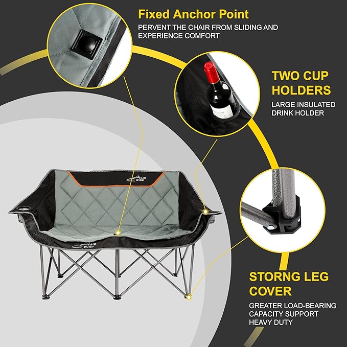 FAIR WIND Oversized Fully Padded Camping Chair Folding Loveseat Camping Couch Double Duo Chair Heavy Duty Quad Fold Arm Chair with Cup Hold - Supports 650 LBS Black