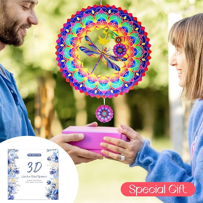 Dragonfly Mandala Wind Spinners Garden Yard Decor Gift for Women Men, 12 Inch Outdoor Metal 3D Wind Spinner, Stainless Steel Hanging Wind Catchers Kinetic Sculpture for Outside Decoration