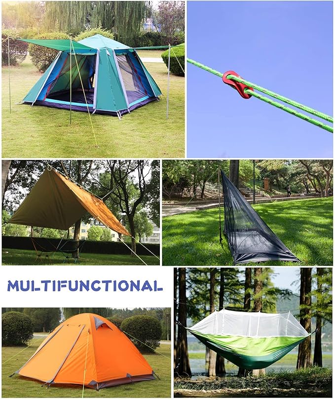 HIKEMAN 50m Reflective Guyline Solid Braid Nylon Camping Rope with Aluminum Adjuster Cord Tensioner Tent Accessory for Outdoor Travel,Hiking,Backpacking and Water Activities (Red, 5mm)