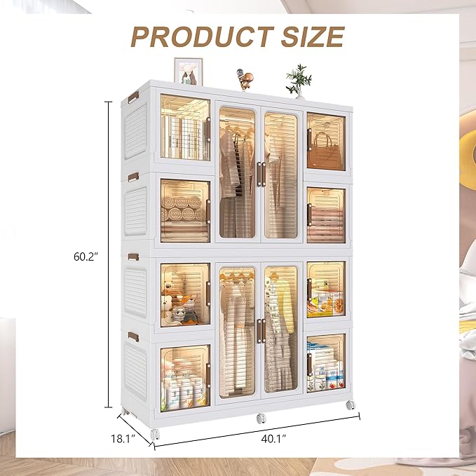Portable Wardrobe Closet Storage Organizer for Clothes, Plastic Collapsible Closet Organizer with Magnetic Transparent Door, for Living Room Bedroom,Easy Assemble,8 Cubes & 2 Hanging Rod
