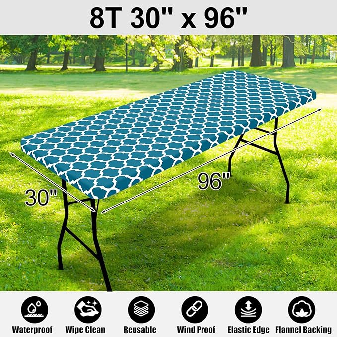 Smiry Rectangle Picnic Table Cover, Waterproof Elastic Fitted Camping Tablecloths for 8 Foot Tables, Wipeable Flannel Backed Vinyl Tablecloth Protector for Indoor, Outdoor (Turquoise, 30x96 Inches)