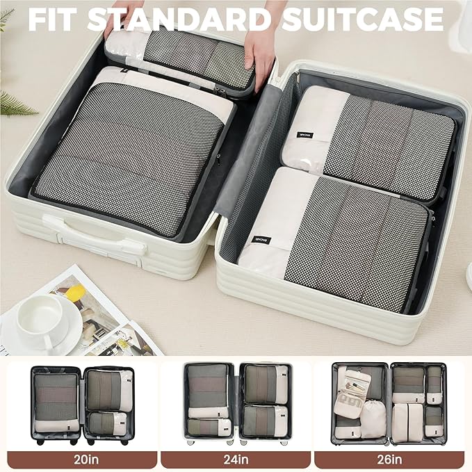 BAGAIL 4 Set/6 Set/8 Set Compression Packing Cubes Travel Accessories Expandable Packing Organizers (Half Mesh, 8-Beige)