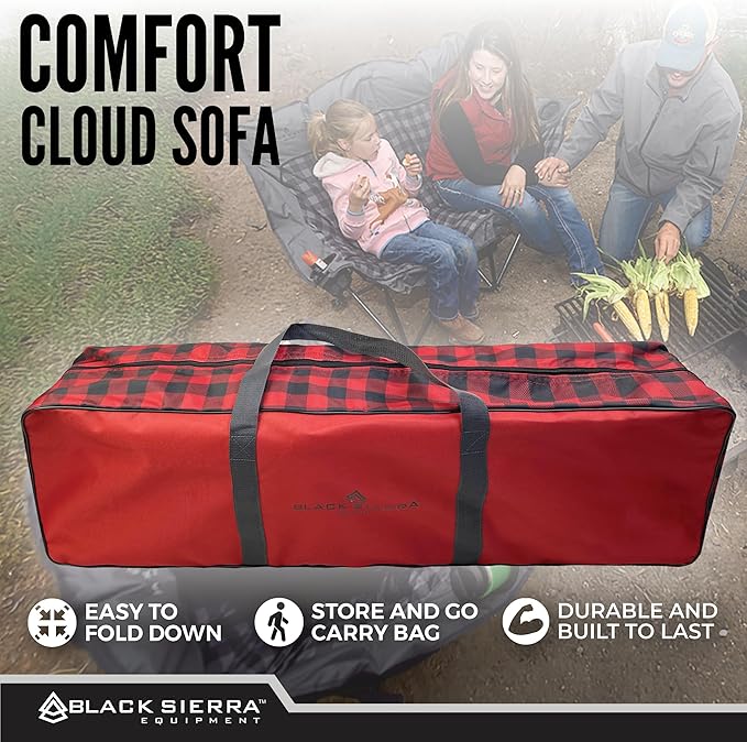 Black Sierra Double Camping Chair for Adults, Oversized Folding Loveseat Supports 600 lbs, Plush Padded Outdoor Couch with Cup Holders and Carry Bag for Beach, Patio, RV, or Tailgating Events