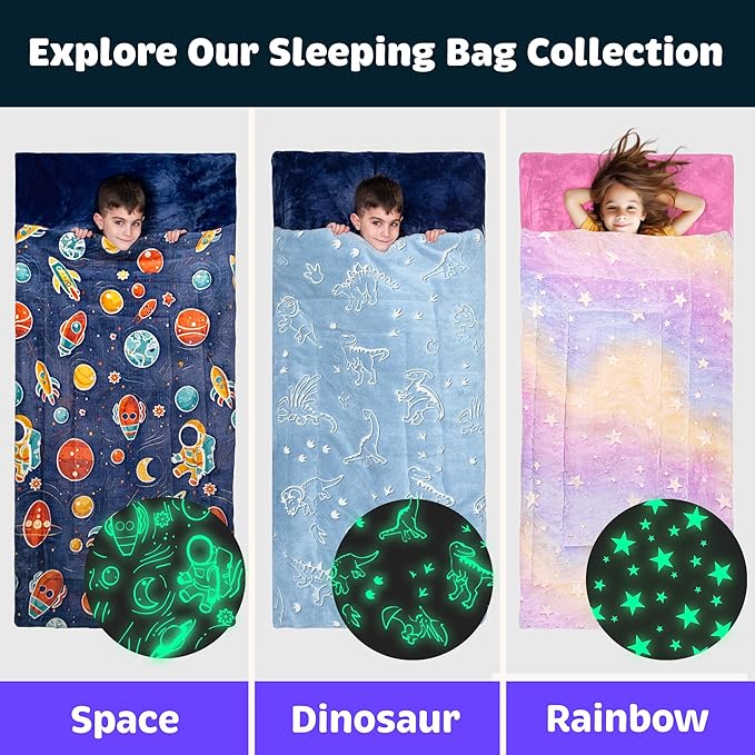 Kids Sleeping Bag for Boys & Girls - Glow in The Dark for Ages 3+, Large With Pillow Pocket, Extra Soft Toddler Blanket (66" x 33")