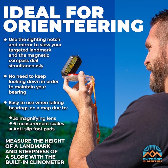 Pathfinder Sighting Compass - Precise Navigation, Hiking and Orienteering Mirror Compass with Luminous Bezel, Adjustable Declination, Clinometer, LED and Survival Whistle, Scout Gifts