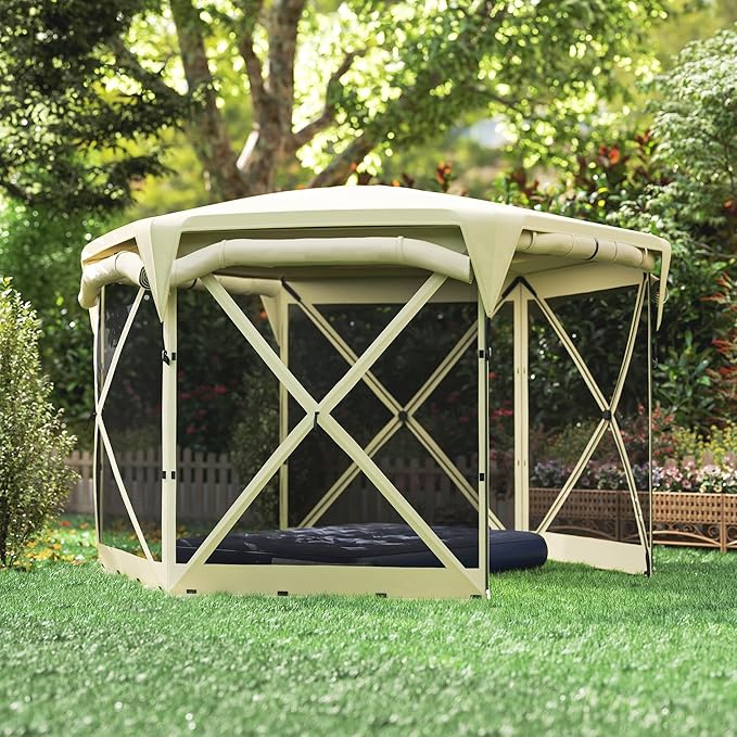 Outsunny Pop Up Gazebo Screen Tent House, 11 x 11ft with UPF30+ Removable Roof Cover, 4 Roll-up Wind Panels and Carry Bag for Camping, Patio, Backyard, Lawn, Beige