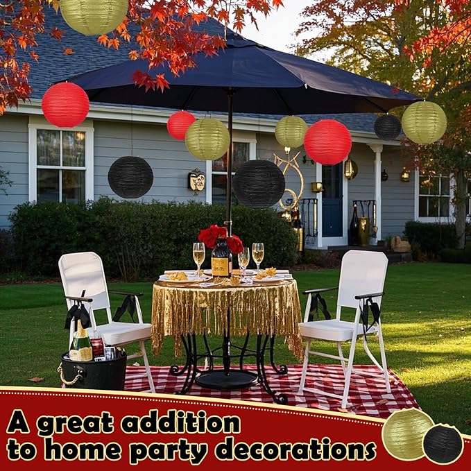 12Pcs Round Paper Lanterns Assorted Sizes (6" 8" 10" 12") for Home Decor, Wedding, Birthday, Casino Theme Party, Hibachi Party Decorations, Hanging Chinese Japanese Paper Lamps (Black Red Gold)