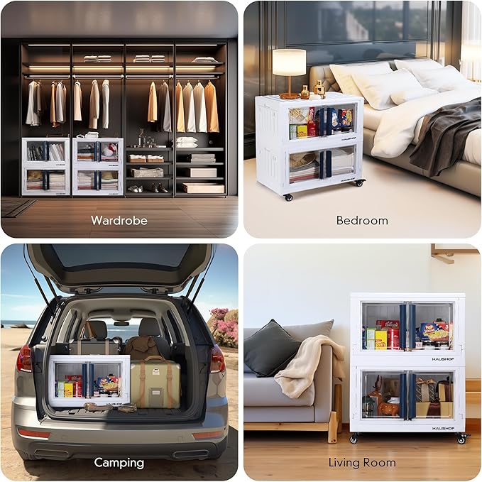 HAUSHOF Closet Organizers and Storage Bin, 3 Pack 22 Gal (88Qt) Plastic Stackable Storage Bins with Lids and Caster Wheel, Large Collapsible Folding Box, Blue and White