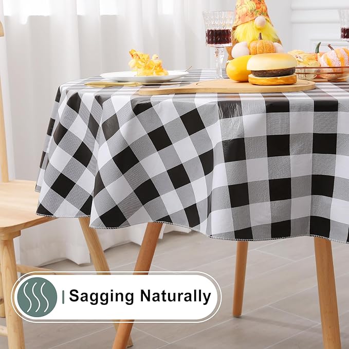 misaya Round Waterproof Vinyl Table Cloth, Buffalo Flannel Backed Tablecloth, Wipeable Plastic Table Cover for Dinner, Kitchen, Picnic (60", Black and White)