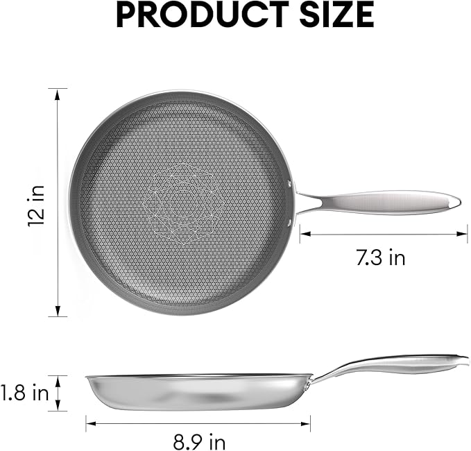 COOKING KING 12-Inch Stainless Steel Pan, Hybrid Nonstick Frying Pan, Skillet, 3-Ply Clad Cookware, Even Heat Distribution, Dishwasher & Oven Safe, with Stay-Cool Handle, Induction Compatible