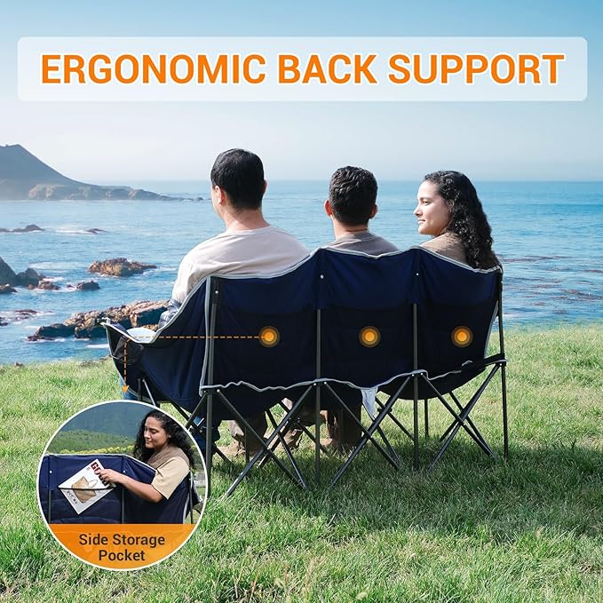 KingCamp Double Camping Chair, Oversized Heavy Duty Loveseat for Adults Portable Folding XL 2 Person Couch Padded Comfortable Two Seat with Cup Holder for Outdoor Lawn Backyard