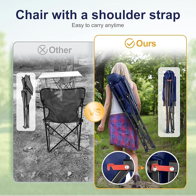 LET'S CAMP Oversized Camping Chairs 29.52" High Back Heavy Duty Lawn Chair Support 500LBS, Portable Collapsible Chair with Cup Holder, Side Pocket(Blue)
