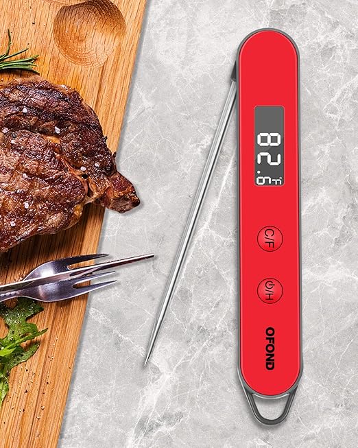Meat Thermometer for Grill and Cooking, Instant Read Food Thermometer Battery Operated, Foldable Digital Probe, Steak Kitchen Thermometer for BBQ Oven Smoker, Store by Magnet & Hook (Red)