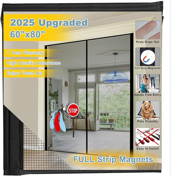 2025 Upgraded Magnetic Screen Door - 3X Heavy Duty Magnets Hands-Free - Mosquito/Insect Proof- Lets Cool Breeze in - Kid/Pet Friendly - Sliding Doors Easy Install 58"x78"