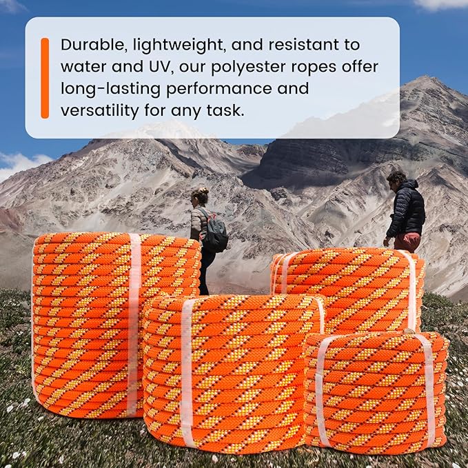 1/2in 50ft Double Braid Polyester Rope, 48 Strands, 5290lbs Breaking Strength, Orange Arborist Rigging Rope for Various Indoor Outdoor Use Hiking Camping Swing Sailing