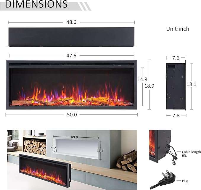 LegendFlame 50" W Smart Wall Mount & in Wall Recessed Electric Fireplace Insert, Heater 750W/1500W, Multi Colors of Flame & Fuel Bed, Alexa/Google Assistant Enabled