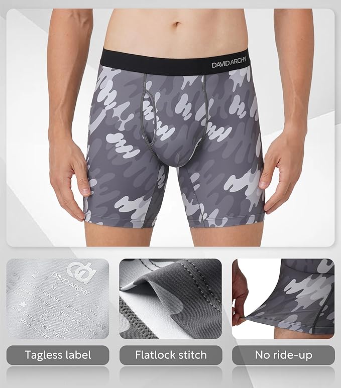 DAVID ARCHY Mens Performance Boxer Briefs 3 Pack, 3D Support Pouch & No Ride-Up Design Moisture-Wicking Sport Underwear